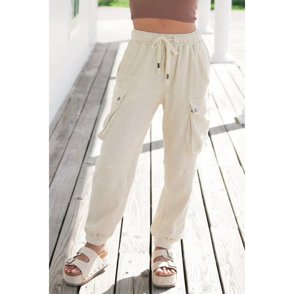 POL Waffle Knit Slouchy Cargo Joggers in Cream